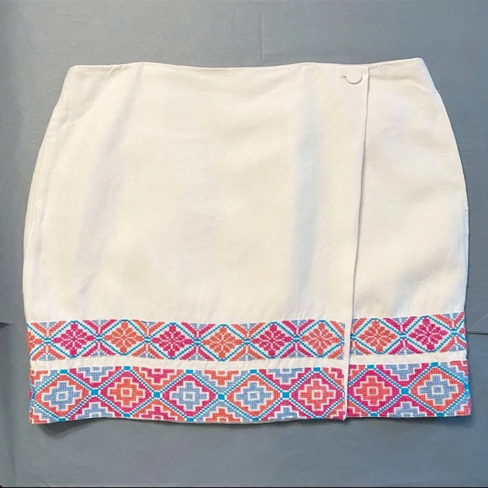 Tory Burch Ivory Embroidered Ruby Linen Faux Wrap Skirt - Picture 2 of 11